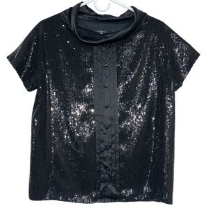 Robert Rodriguez Black Silk Cowl Neck Sequin Top